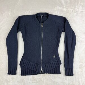 Armani Jeans Sweater Women L (Fit S-M) Navy Wool Blend Slim Full Zip Peplum Knit